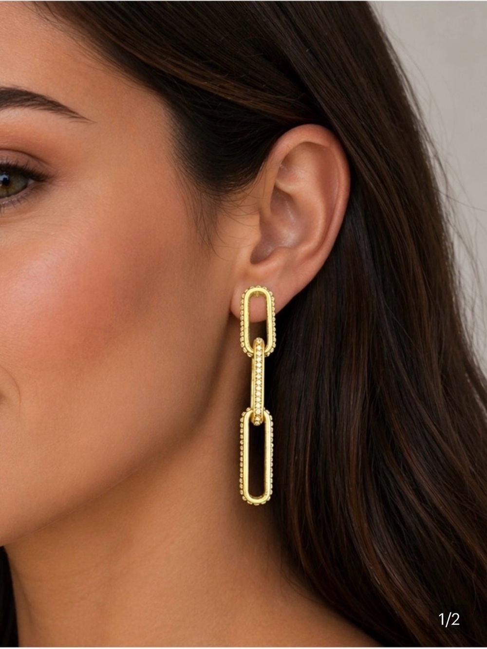 NWOT Gold Tone Paperclip Link Drop Earrings Rhinestone Accent